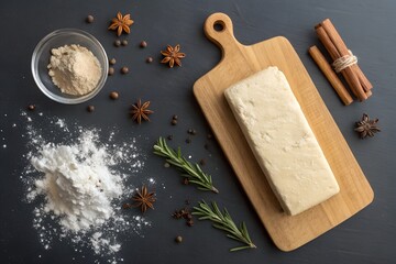 A large block of unbaked dough rests on a wooden cutting board, alongside fresh flour, cinnamon sticks, star anise, and green rosemary sprigs.