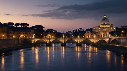 Obraz premium St. Peter’s Basilica and Bridge at Sunset – Vatican City, Rome