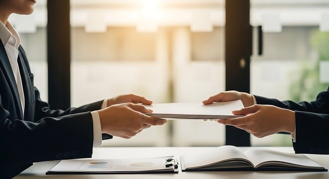 Business professionals exchanging documents exchange