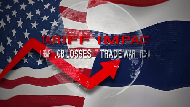 Conceptual showing the economic impact of tariffs with rising inflation, fear, and market collapse on US and Thai trade relations. Effects on international exports and imports