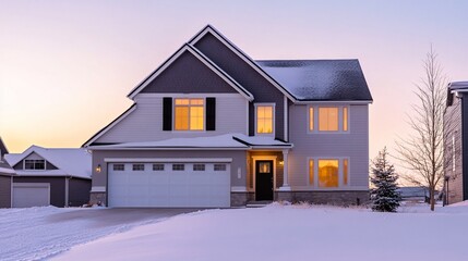 Inviting suburban home glows warmly against the winter twilight backdrop
