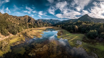 Aerial View Of Serene Mountain Lake With Lush Forest