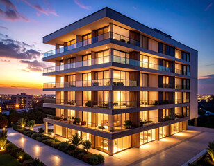 Modern Hotel Facade at Twilight: Illuminated Windows & Urban Architecture, Cityscape Dusk View & Business Travel Accommodation for Hospitality & Luxury Lifestyle

