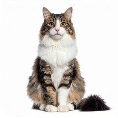 Fototapeta premium black and white fluffy cat seat properly on white background