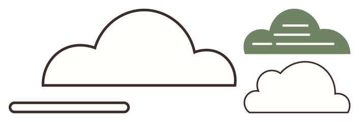 Stylized cloud shapes with outlined and filled designs in black and green. Ideal for weather, technology, data storage, ecology, nature, simplicity, clean flat metaphor