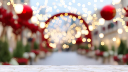 Empty marble tabletop with festive street arch and red holiday decor in blurred background, glowing bokeh lights, ideal for Christmas product display or seasonal advertisement mockup