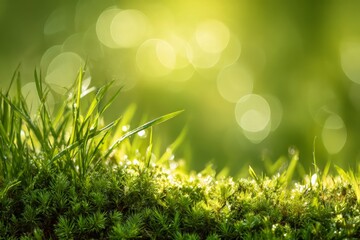 Obraz premium Dewy Grass and Moss in Sunny Forest