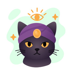 Black cat wearing purple turban with third eye, cat representing mystic wisdom, cat radiating intuition and clarity