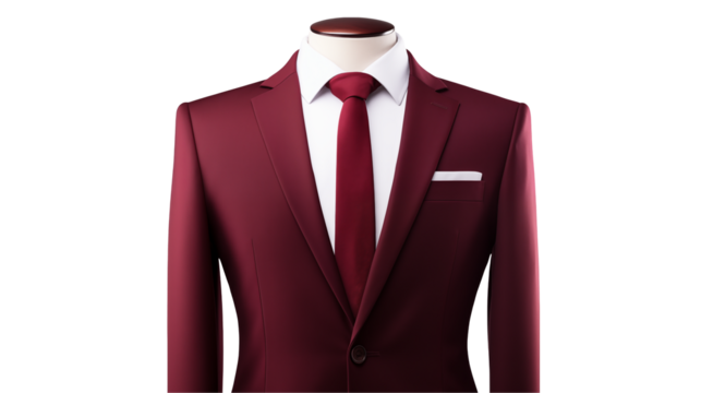 Elegant maroon suit with red tie showcases modern menswear fashion  isolated on transparent background