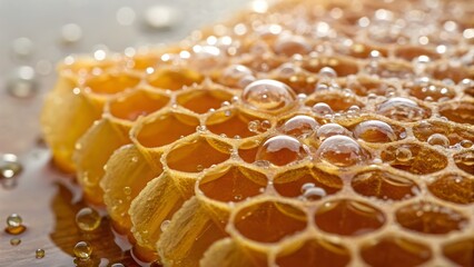 Honeycomb macro with dew droplets: fresh morning texture