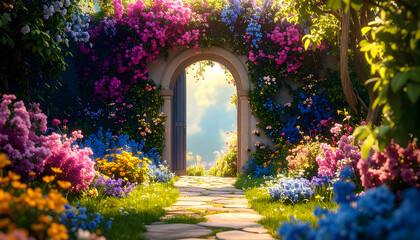 Fototapeta premium Colorful Floral Archway Leading to a Sunlit Garden Path