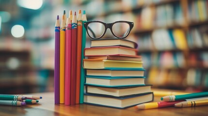 Books, pencils, and glasses on a table in a library