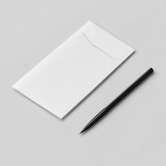 Blank white envelope and black pen on a light gray surface.