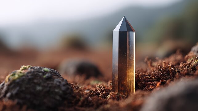 Smooth faceted dark crystal shard stands erect in earthy terrain with blurred background