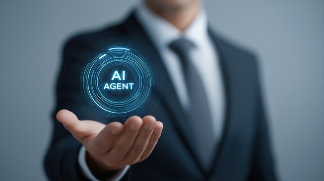 An AI agent acts as a virtual assistant, for support as an AGI artificial general intelligence representative symbolizing agentic robot autonomy, and humanoid superintelligence technology