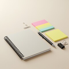 An open notebook, sticky notes, pen, and paperclips arranged on a beige surface.