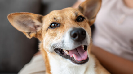 Welcome back to joyful moment of happy dog smiling with bright eyes and open mouth showing friendly emotion and warmth