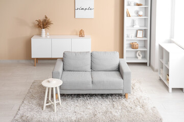 Stylish interior of modern living room with sofa, table and shelving unit