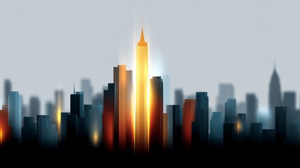 Obraz premium Futuristic skyline with brightly lit skyscraper city buildings subtle lighting effects and a gray sky