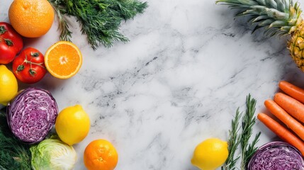 Fresh colorful vegetables including tomatoes citrus fruits carrots lettuce purple cabbage and pines on marble background for healthy eating