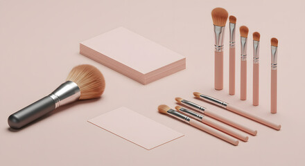 A set of makeup brushes and cards are arranged for a beauty shoot