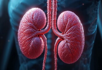 Depiction of human kidneys showcases their detailed anatomical structure. The image features a blue background with ample space for text, ideal for educational purposes.