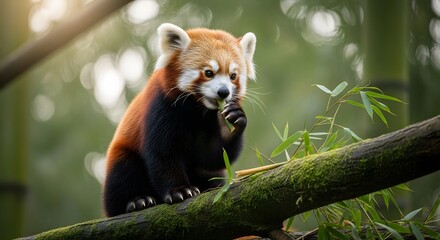 Naklejka premium Adorable Red Panda Enjoying a Tranquil Moment on a Mossy Branch Amidst Lush Bamboo, Capturing Serenity and Wild Beauty.