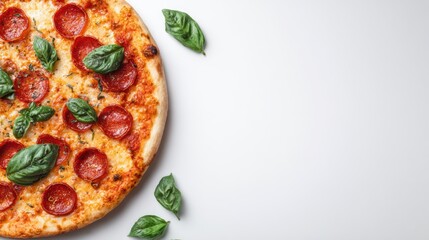Freshly baked pepperoni pizza with melted cheese and basil leaves on a white background