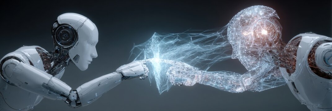 Two Robots Exchanging Data Through Advanced Holographic Technology in a Futuristic Setting