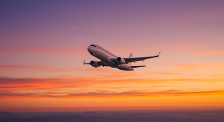 Commercial Airplane Flying at Sunset







