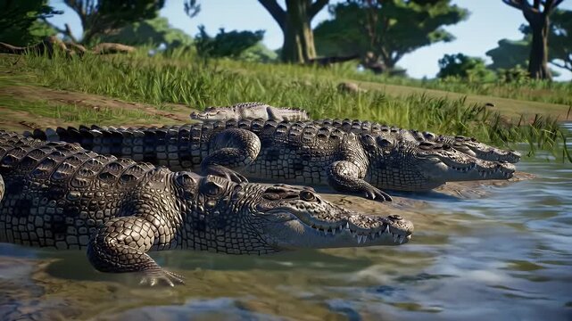 Crocodiles Resting by the Riverbank in Lush Greenery on Sunny Day in Africa