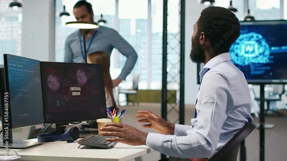 Poster programmer in office requesting help from coworkers to fix critical error warning. it employee and c