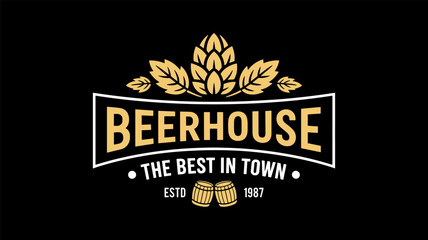 Vintage beerhouse logo with hops and barrels on black background