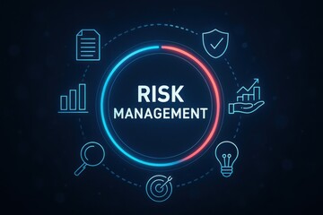 Risk management concept with icons representing analysis strategy protection and growth on a dark background