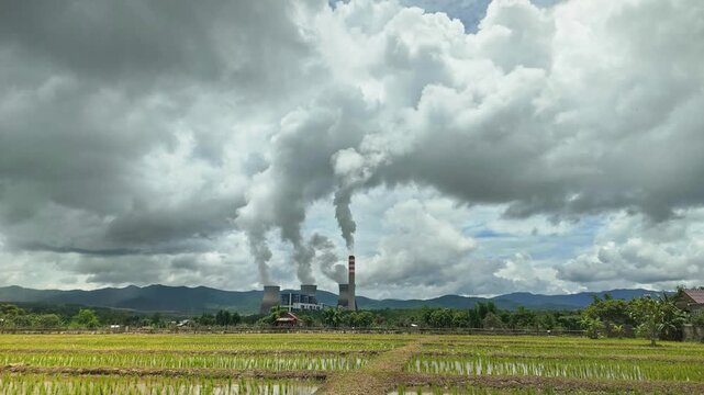 Time lapse view of lignite coal-fired power plant in Lao PDR. Hongsa Power Plant, Xayaburi Province, Laos.