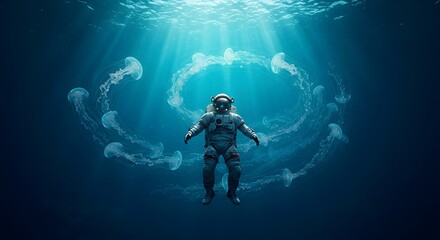 Obraz premium Astronaut floating in deep blue ocean surrounded by glowing jellyfish under sunbeams