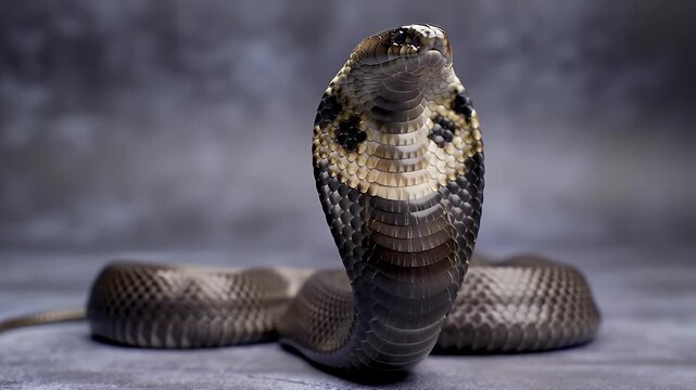 Detailed Cobra Portrait with Scale Texture and Grey Background Emphasizing Wildlife and Herpetology Studies Representing Danger and Wild Nature Captured in Eye Level Shot