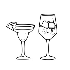 outline drawing of alcoholic beverages in glassware