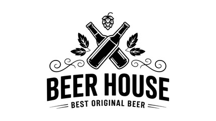 Vintage beer house logo with crossed bottles and hops design