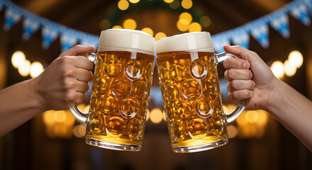 Two hands clinking large beer mugs at oktoberfest
