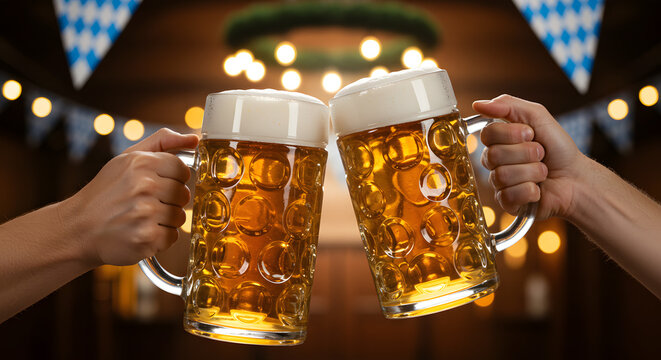 Two hands clinking beer mugs at oktoberfest celebration