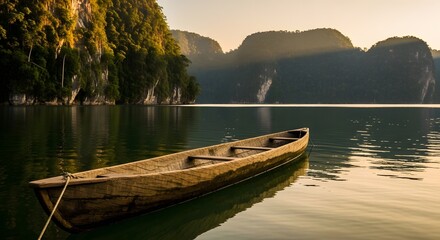 Fototapeta premium Serene sunrise over tranquil lake, wooden boat peacefully floats.