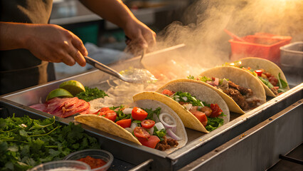 Chef cooking tacos with fresh ingredients on a grill