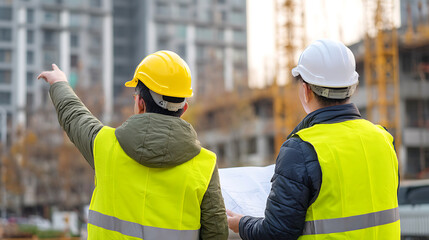 Two construction workers in hard hats and safety vests review blueprints at a building site