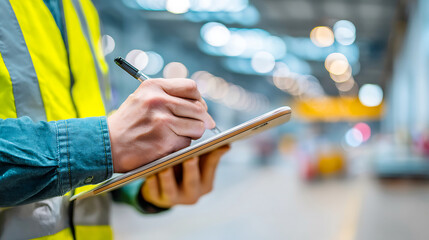 Worker in high visibility vest writing on a tablet in a warehouse