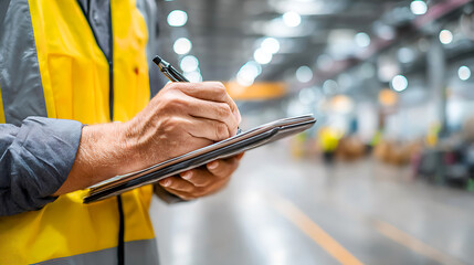 Warehouse worker in safety vest writing on clipboard