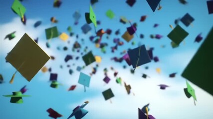 Graduation Caps Flying with Sky Background.