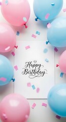 Happy birthday message surrounded by pink and blue balloons