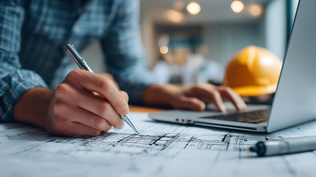 Architect or engineer reviewing blueprints and working on a laptop with hard hat nearby