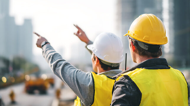 Two construction workers in hard hats and safety vests pointing and discussing a project